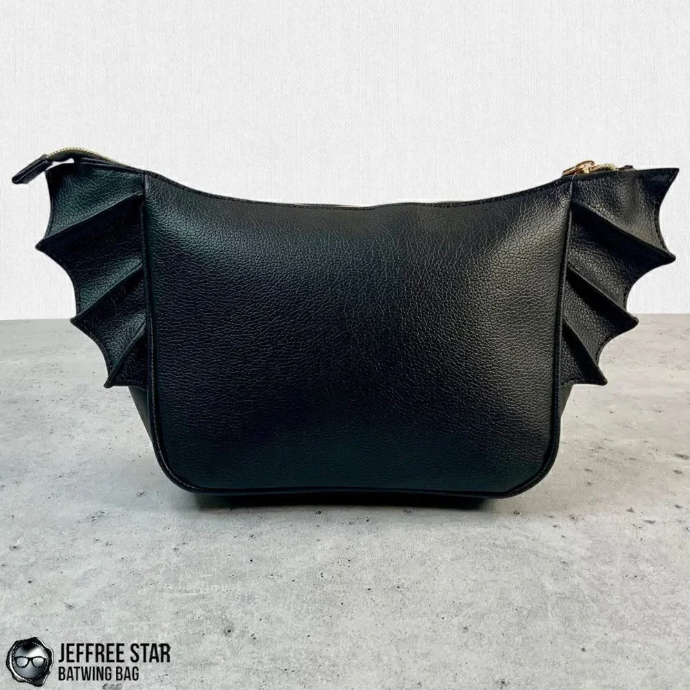 JEFFREE STAR BAT PURSE ZIPPER MAKEUP COSMETIC BAG IN BLACK VEGAN LEATHER BATWING